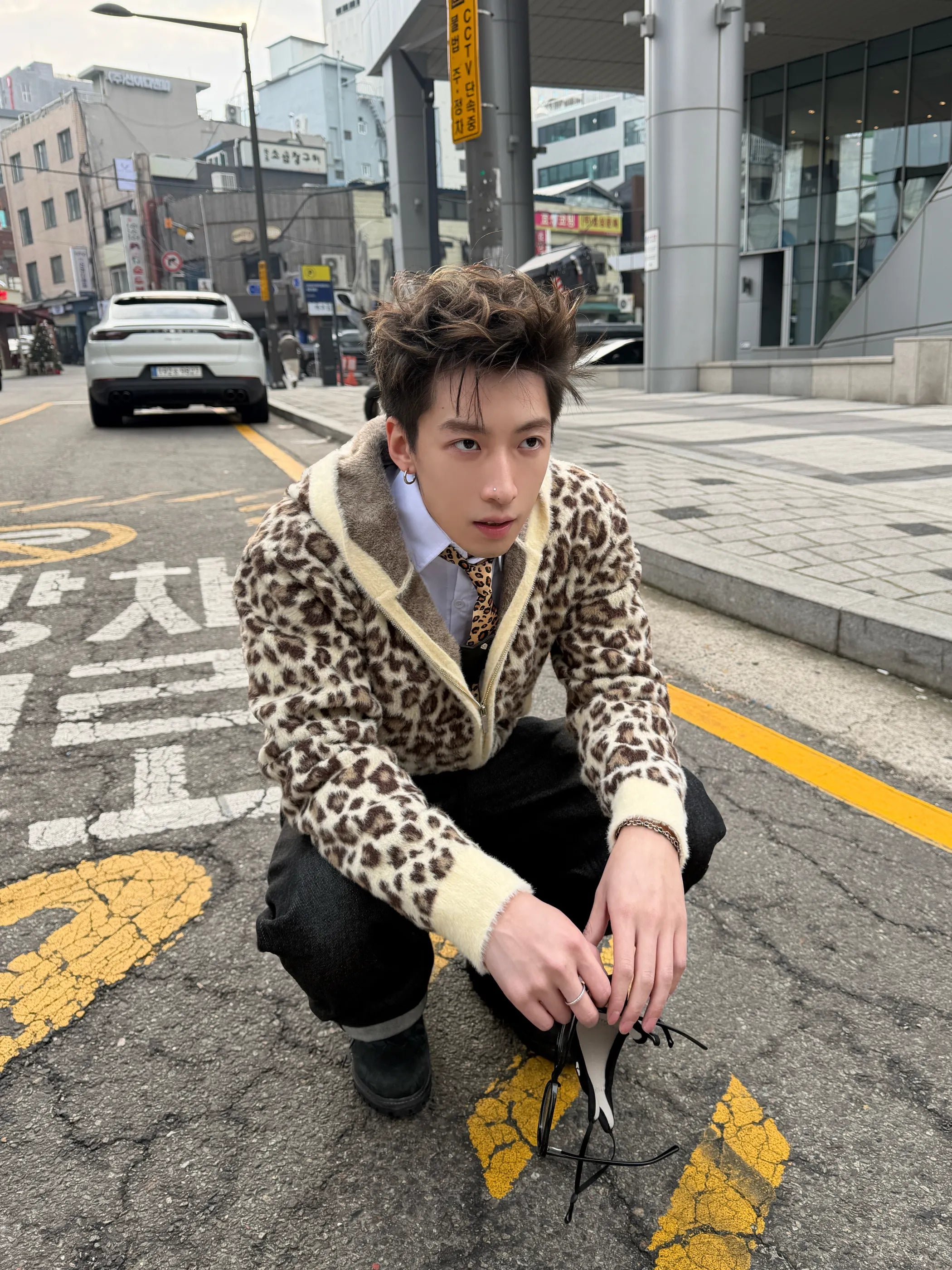 Leopard Jacquard Plush Zip Hoodie